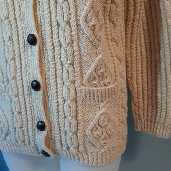 Vintage Irish Traditional Hand Knit Cardigan with Cables, Buttons, Pockets - Picture 5 of 8